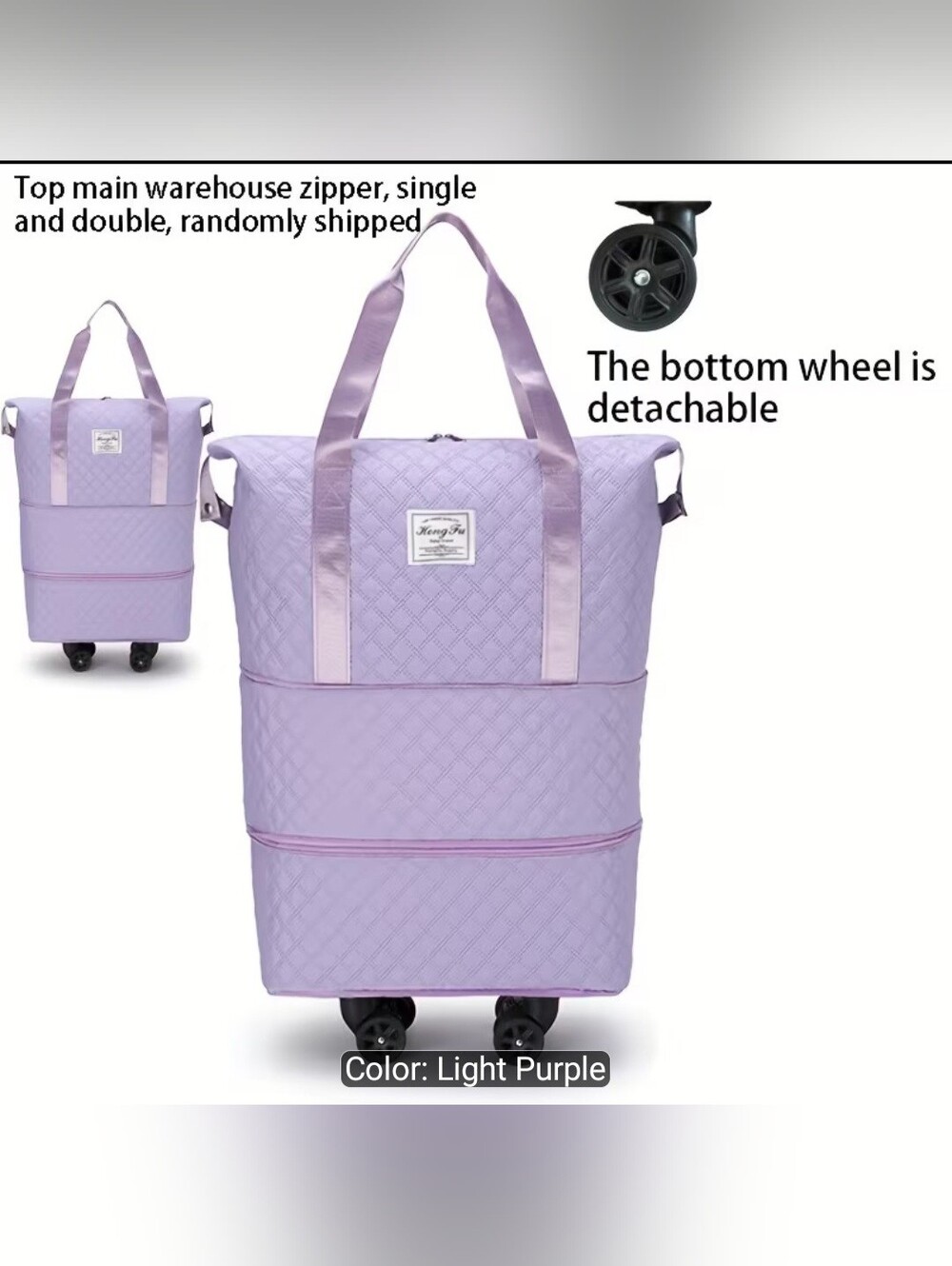 NWT Collapsible Light Purple Rolling TRAVEL SHOPPING GYM Tote Bag w/ Handles